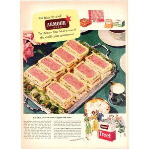 1952 Armour Star Treet Canned Meat Vintage Print Ad Silver Platter Wall Art 50s